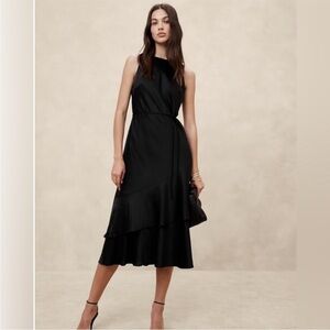 NWT! Banana Republic Black Satin Tiered Midi Dress Medium 🍄